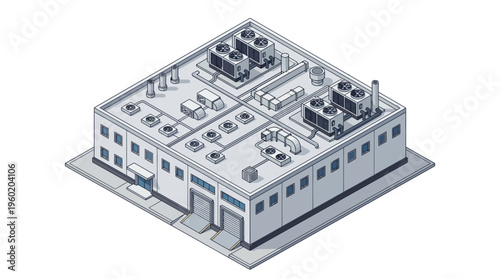 Isometric illustration of a modern industrial building with rooftop HVAC units and loading docks, representing commercial real estate and infrastructure