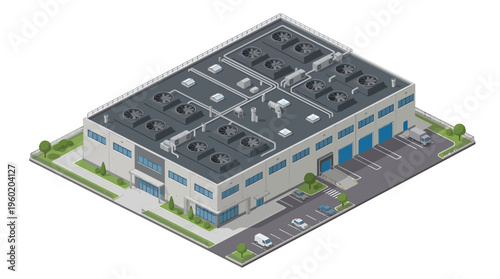 Modern industrial building with HVAC units on the roof and parked vehicles outside, showcasing contemporary architecture and infrastructure