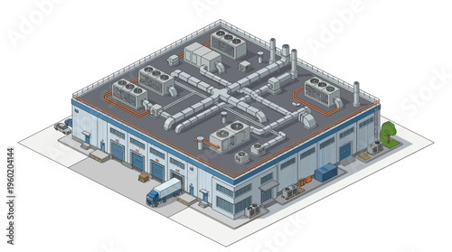 Isometric view of a large industrial warehouse building with loading docks and an outdoor air conditioning system
