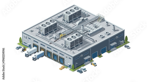 Industrial warehouse building with loading docks and trucks, showcasing logistics and supply chain operations