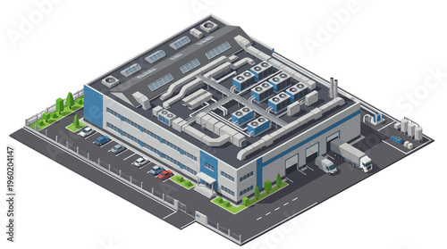 Modern industrial building with loading dock and parking lot in a commercial or manufacturing zone