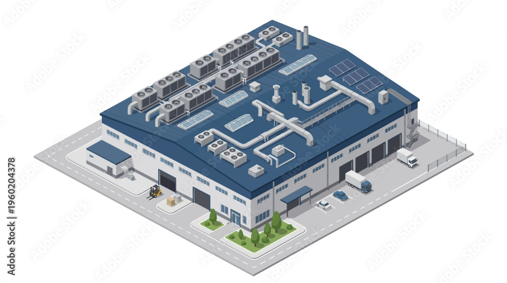 Obraz premium Modern industrial warehouse building with rooftop solar panels and air conditioning units, depicted in an isometric view