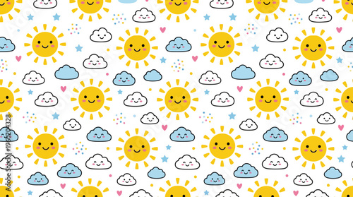 Colorful Weather Pattern Featuring Sun, Clouds, and Rain Drops in a Seamless Repeat.