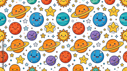 Vibrant Space Doodle Pattern with Colorful Planets, Stars and Orbs on White Background.