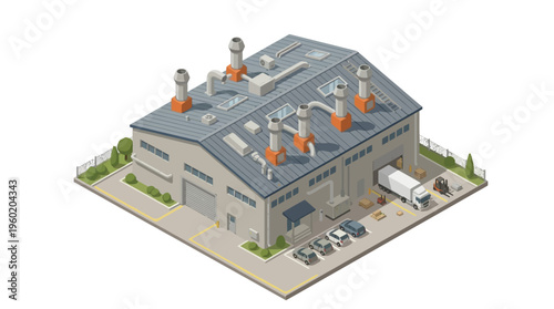 Isometric illustration of a modern factory building with loading dock and delivery trucks, representing industrial operations and logistics