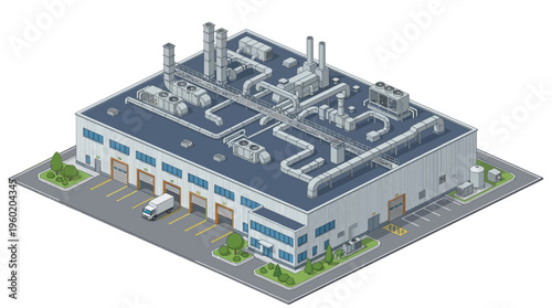 Isometric illustration of a modern industrial building with loading docks and complex rooftop ventilation systems, featuring a delivery truck in the driveway