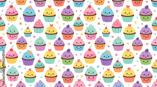 Vibrant repeating pattern of colorful cupcakes on a white background.