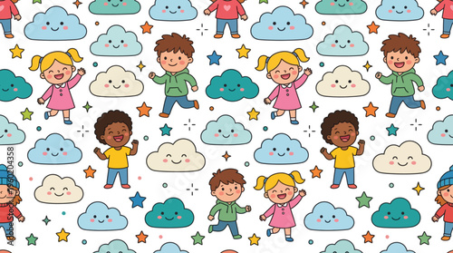 Playful children's pattern featuring diverse kids and clouds in a pastel, colorful design suitable for fabrics and textiles.