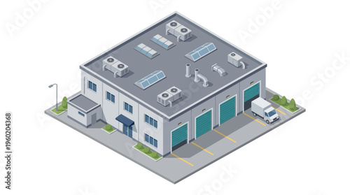 Industrial warehouse building with loading docks and delivery truck, isometric view