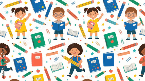 Playful children with colorful school supplies pattern that evokes education and learning.