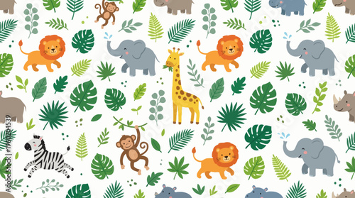Canvas Print Playful Jungle Animals Pattern Featuring Giraffes Monkeys Lions Elephants and Leaves
