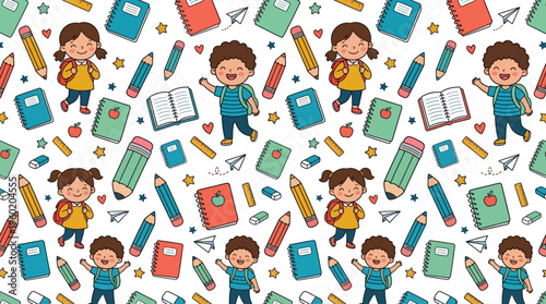 Colorful Pattern of Schoolchildren and Stationery in a Playful Educational Scene with Books and Pencils.