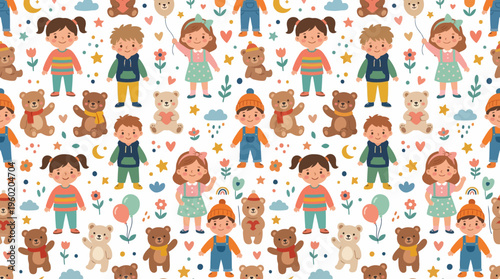 Playful Diverse Children and Pets in a Cheerful Cartoon Pattern.