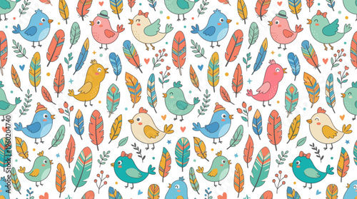 Colorful feather pattern seamless background for textiles and design projects.