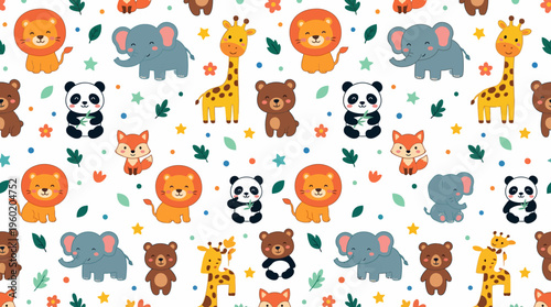 Playful Jungle Animal Pattern Featuring Lions Elephants Pandas and Giraffes in a Colorful Repeating Design.