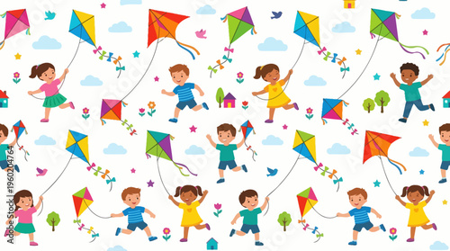 Playful Children Flying Colorful Kites in a Bright Outdoor Celebration with Smiles and Motion.