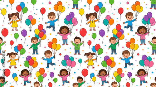 Vibrant children's party scene with balloons, confetti, and smiling kids.