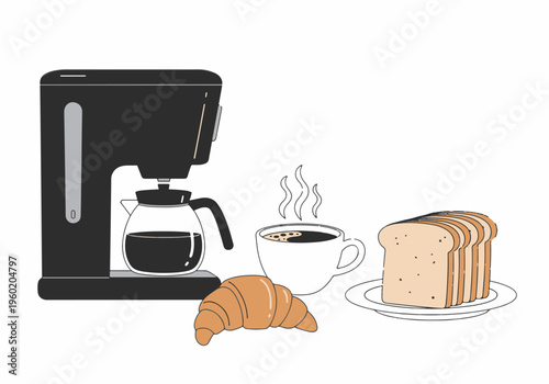 Modern Coffee Machine with Hot Cup Croissant and Toast Slices Vector Illustration