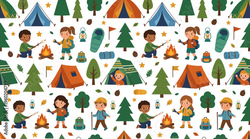 Outdoor camping scene with tents, campers, trees, and forest scenery during a family adventure.