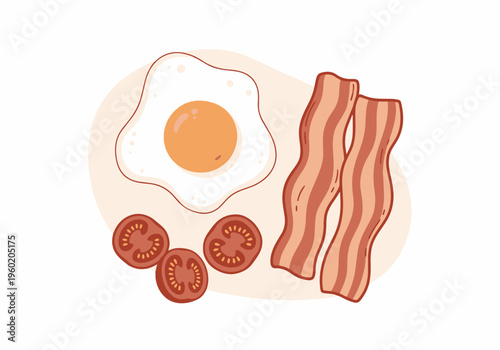Flat Vector Illustration of Morning Breakfast with Fried Egg Bacon and Fresh Tomatoes