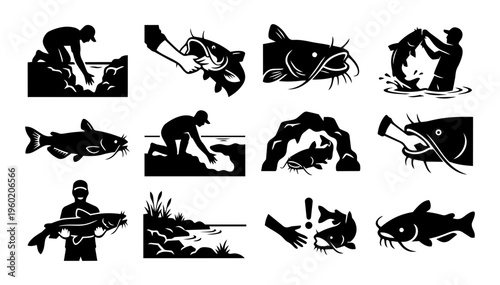 Catfish Noodling Silhouette Icons Set – Hand Fishing, River Catching, Outdoor Survival and Fishing Technique Collection