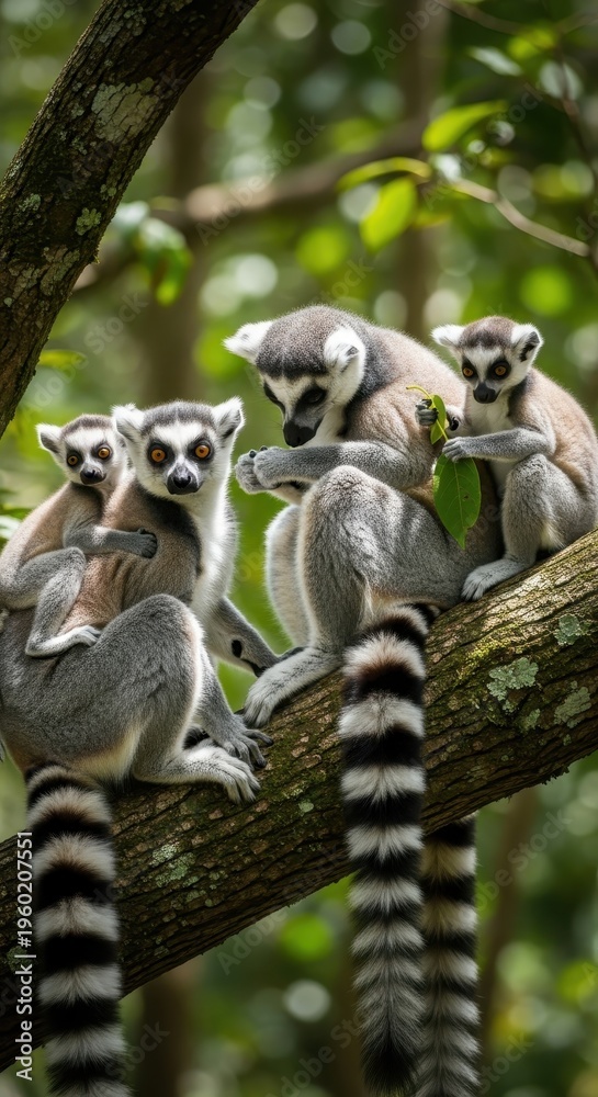 Fototapeta premium Ring-tailed lemurs on a branch - A family portrait in the wild.