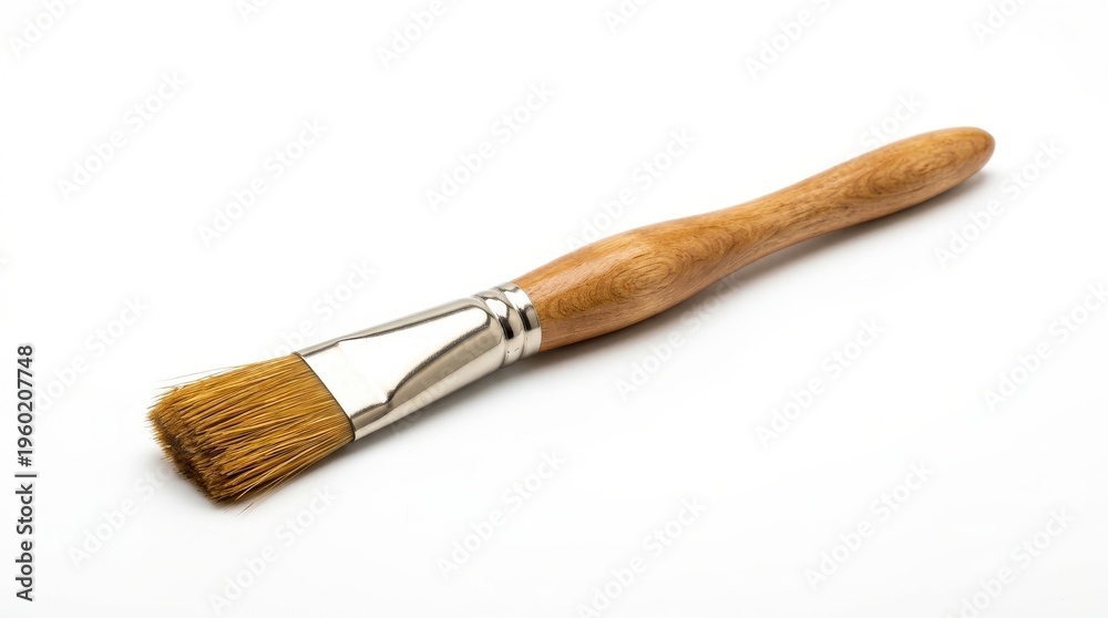Fototapeta premium A flat artist's paintbrush with a wooden handle is isolated on a clean white background, showcasing its bristles and readiness for creative work.