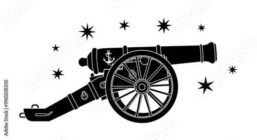Vintage cannon with wheel and stars.