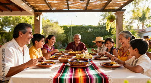 Happy Multi-Generational Mexican Family Sharing Traditional Feast for Cinco de Mayo Celebration Outdoors