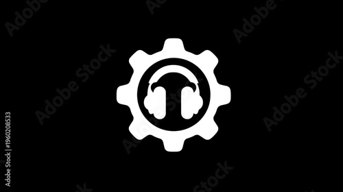 A white headphone icon within a white gear on a black background. Simple, minimalistic design