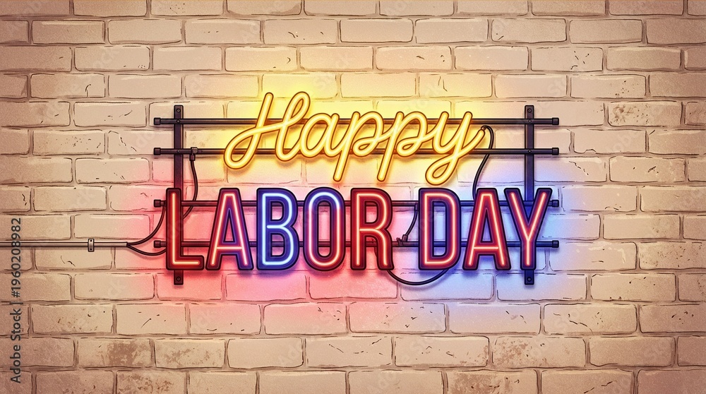 Obraz premium Neon sign saying Happy Labor Day on brick wall background 