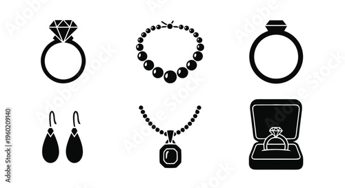 Vector illustration of set of jewelry icons including rings, necklace, earrings and gift box