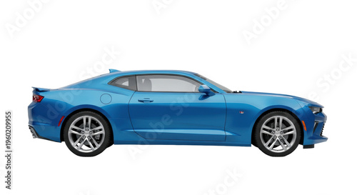 Modern bright blue metallic chevrolet camaro two-door coupe, profile view, expertly lit in a professional studio on a transparent backdrop. Concept for luxury automotive advertisement