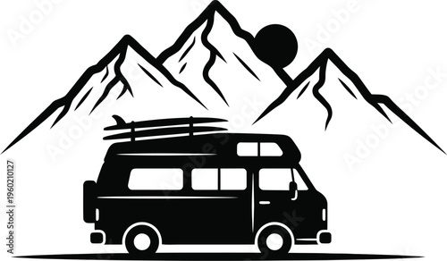 Serene mountain sunset with camper van silhouette