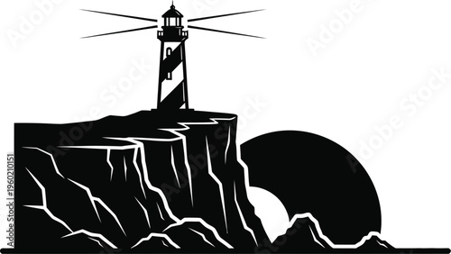 Dramatic cliffside lighthouse silhouette at breathtaking sunset