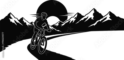 Biker riding into vibrant sunset with snowy mountains