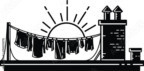 Serene city skyline at sunset with clothesline and towering buildings