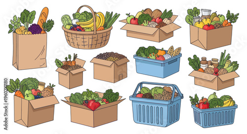 Assorted Fresh Produce in Boxes, Baskets, and Paper Bag