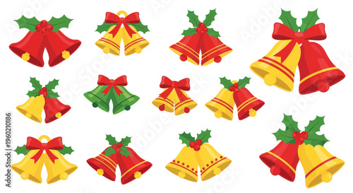 Christmas Bells Collection: Red, Green, Yellow, Holly and Ribbon Decorations
