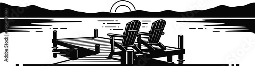 Serene sunset scene on a lake dock with mountains