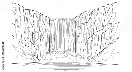 Cascading waterfall between towering rocky cliffs in a natural canyon landscape. Hand-drawn vector line art illustration.