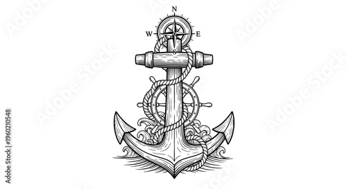 Detailed Engraved Nautical Anchor with Ship's Wheel, Compass Rose, and Rope Illustration on White Background