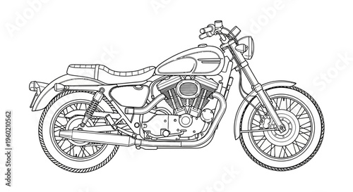 Classic Cruiser Motorcycle Line Art Illustration: Vintage Bike Drawing, Side View, Retro Style Graphic Element, White Background