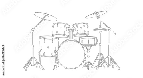 Detailed Line Art Illustration of a Drum Kit on a White Background, Perfect for Music, Rhythm, and Sound Concepts