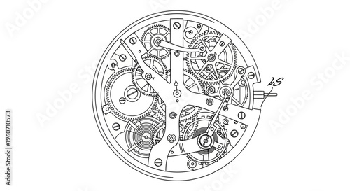 Intricate mechanical watch movement technical drawing blueprint. Detailed clockwork gears, springs, and levers for precision engineering diagram.