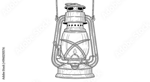 Vintage kerosene lantern sketch, old oil lamp drawing, antique portable light source illustration, retro illumination line art