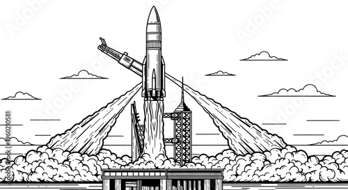 Space rocket launching from launchpad with exhaust flames, black and white illustration of cosmic exploration and future technology