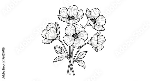 Hand-drawn elegant floral bouquet line art illustration. Delicate black and white botanical drawing with blooming flowers and leaves.