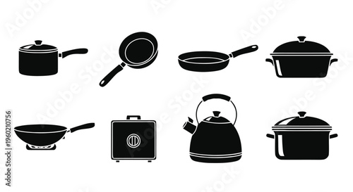 Vector illustration of set of kitchenware icons, cookware collection, pots and pans