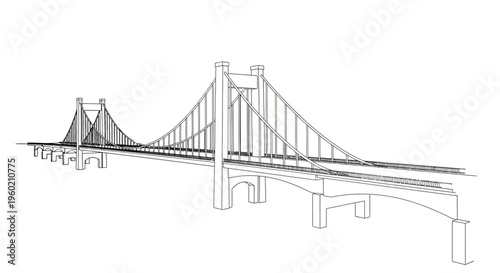 Modern suspension bridge detailed line art drawing. Architectural engineering outline illustration with towers, cables, and vehicles.